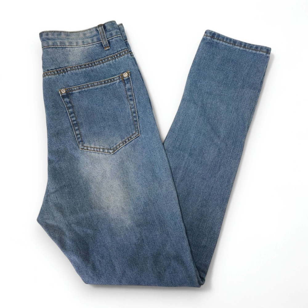 Boohoo Blue High Rise Tapered Mom Jeans Zip Fly Faded Medium Wash Blue US 6